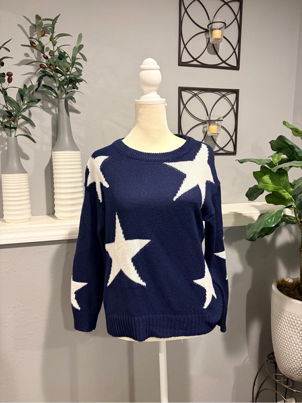 New SHEIN Navy and White Star Crewneck Sweater